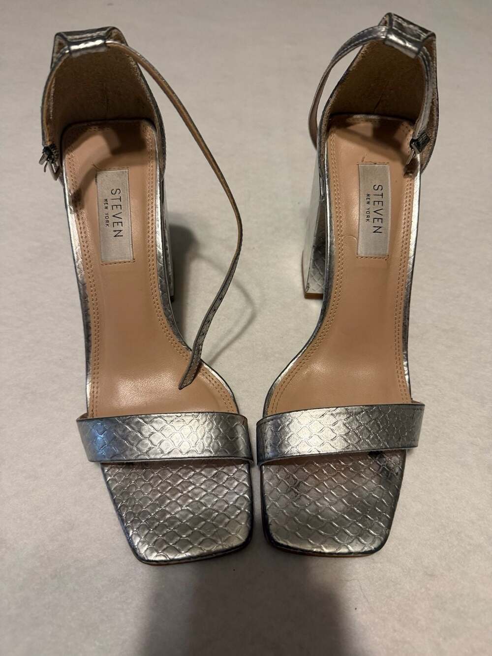 Steven New York Silver Metallic Snakeskin Embossed Block Ankle Strap Sandals